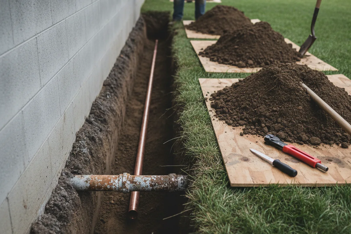 Excavated water line trench during Sewer Line Repair in Orick